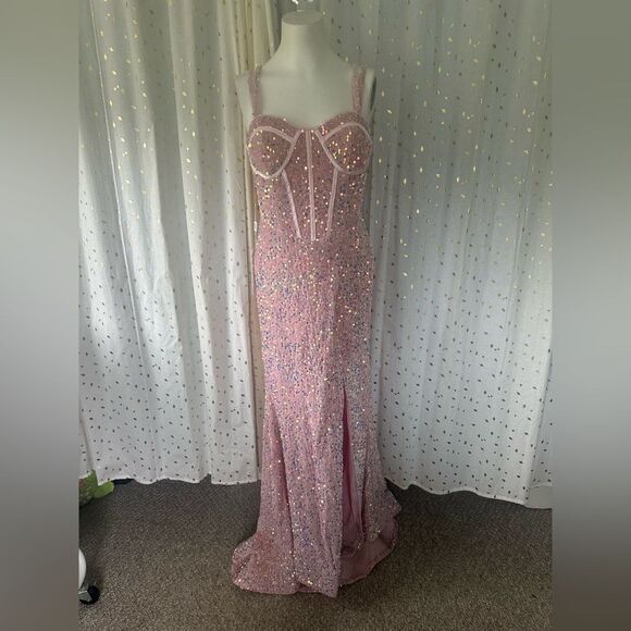 Lavetir NWT Sequin Velvet Corset Lace Up Back High Side Sexy Slit Prom Dress 4 - Picture 2 of 10